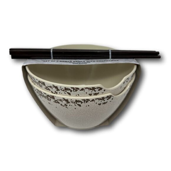 Tommy Bahama Melamine Set of 2 Ramen Bowls with Chopsticks Crackle White Rustic - Picture 2 of 3